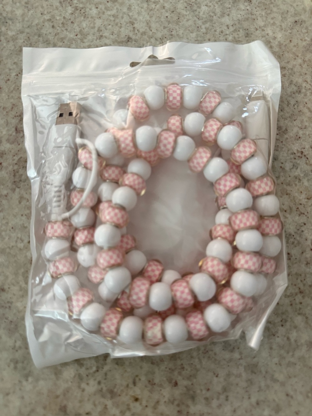 Beaded charging Chord - Pink & White